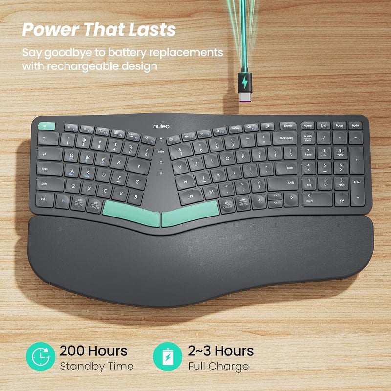 Nulea Wireless Ergonomic Keyboard, Split Keyboard with Cushioned Wrist Rest, USB and Bluetooth Connectivity, USB-C Rechargeable, Compatible with Windows Mac - Image 3